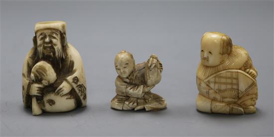 Three 19th/early 20th century Japanese ivory netsuke of a sage, a boy and a farmer, (545, 582, 603)